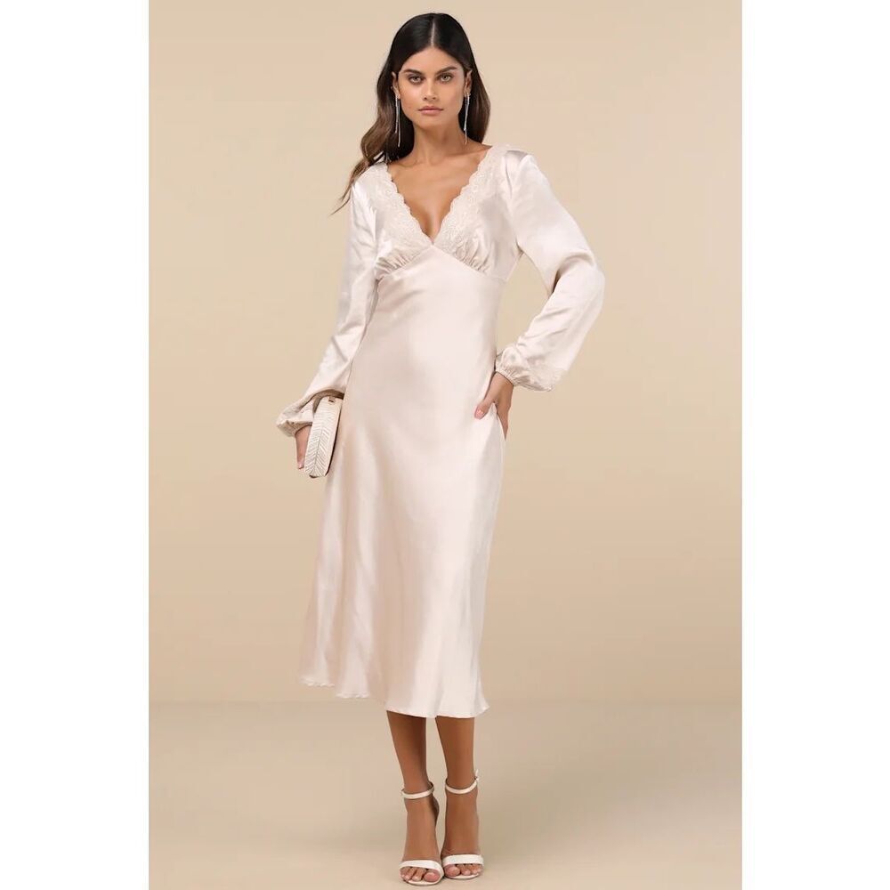 Lulus Illustrious Elegance Champagne Satin Long Sleeve Midi Dress Size S NWT